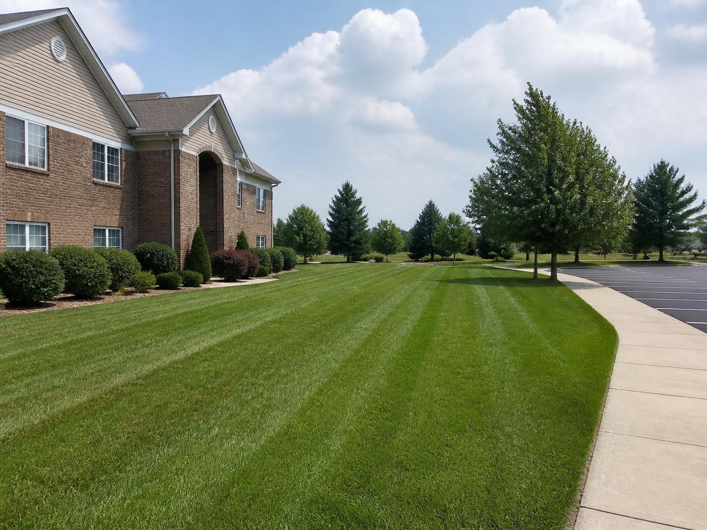 Large maintained commercial lawn and shrub beds beside a business parking lot