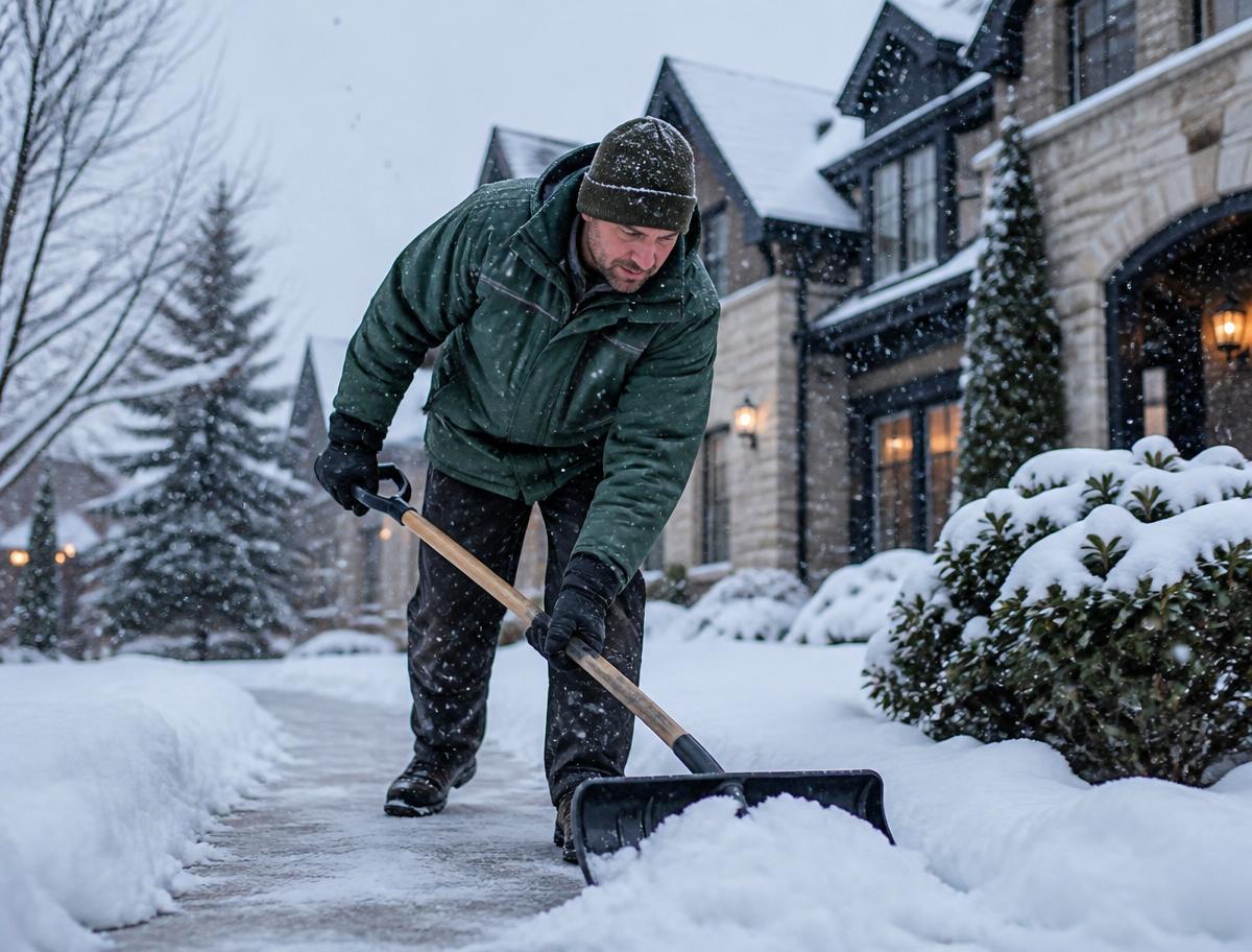 Snow removal specialist clearing a walkway during a Minnesota snowfall