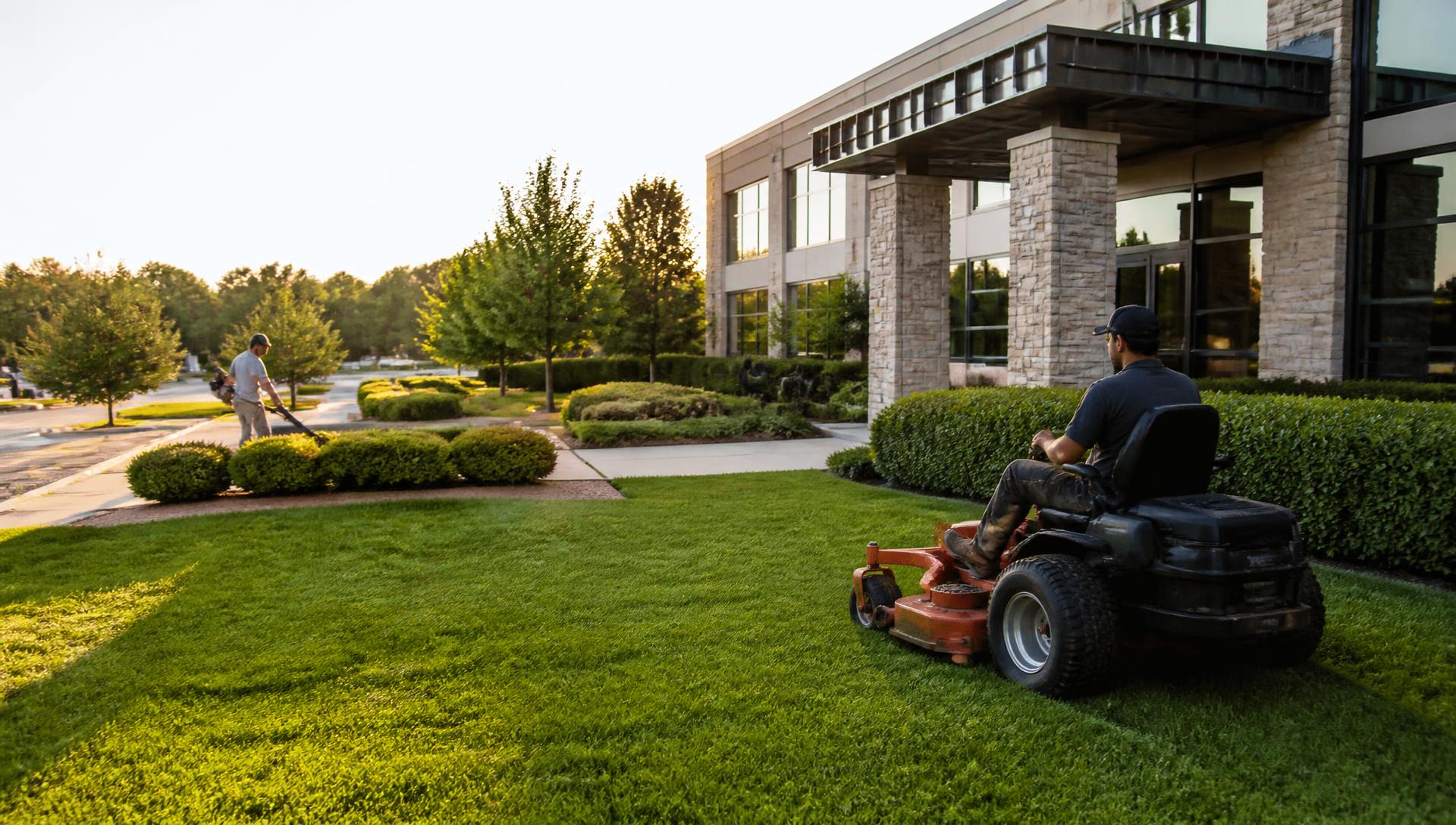 Lawn care crew mowing and trimming the grounds of a commercial office property in Minnesota