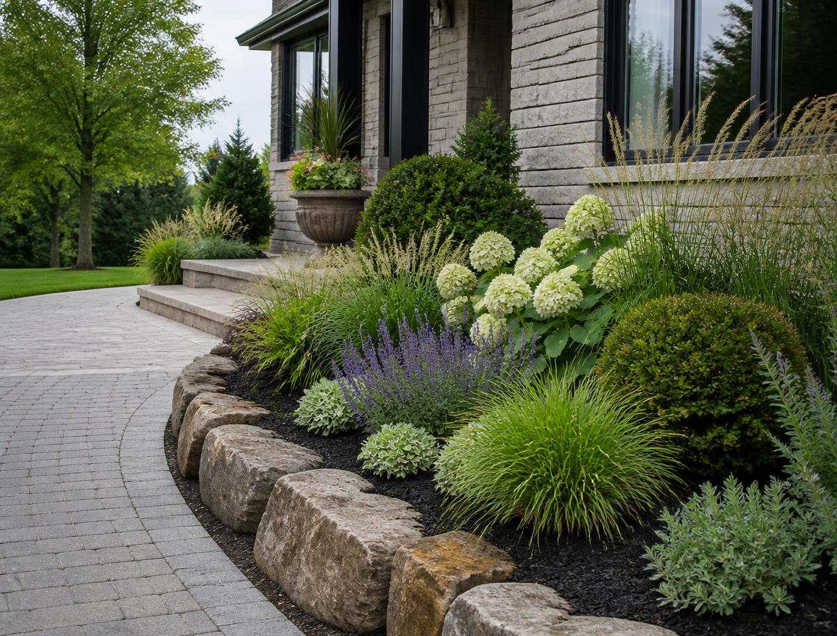 Maintained landscape beds and shrubs framing a property entrance