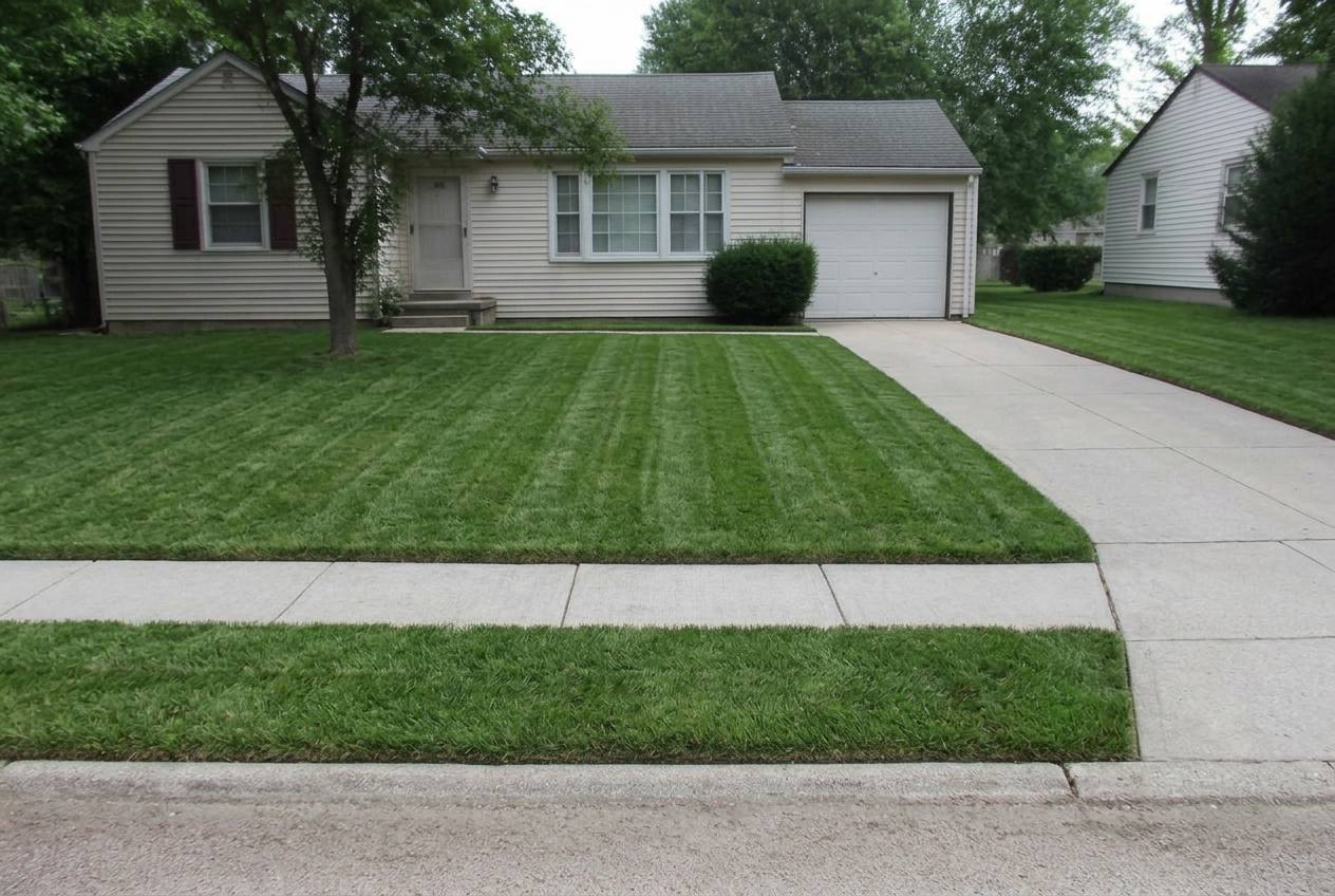 The same front lawn after professional mowing and edging, with clean stripes and defined edges