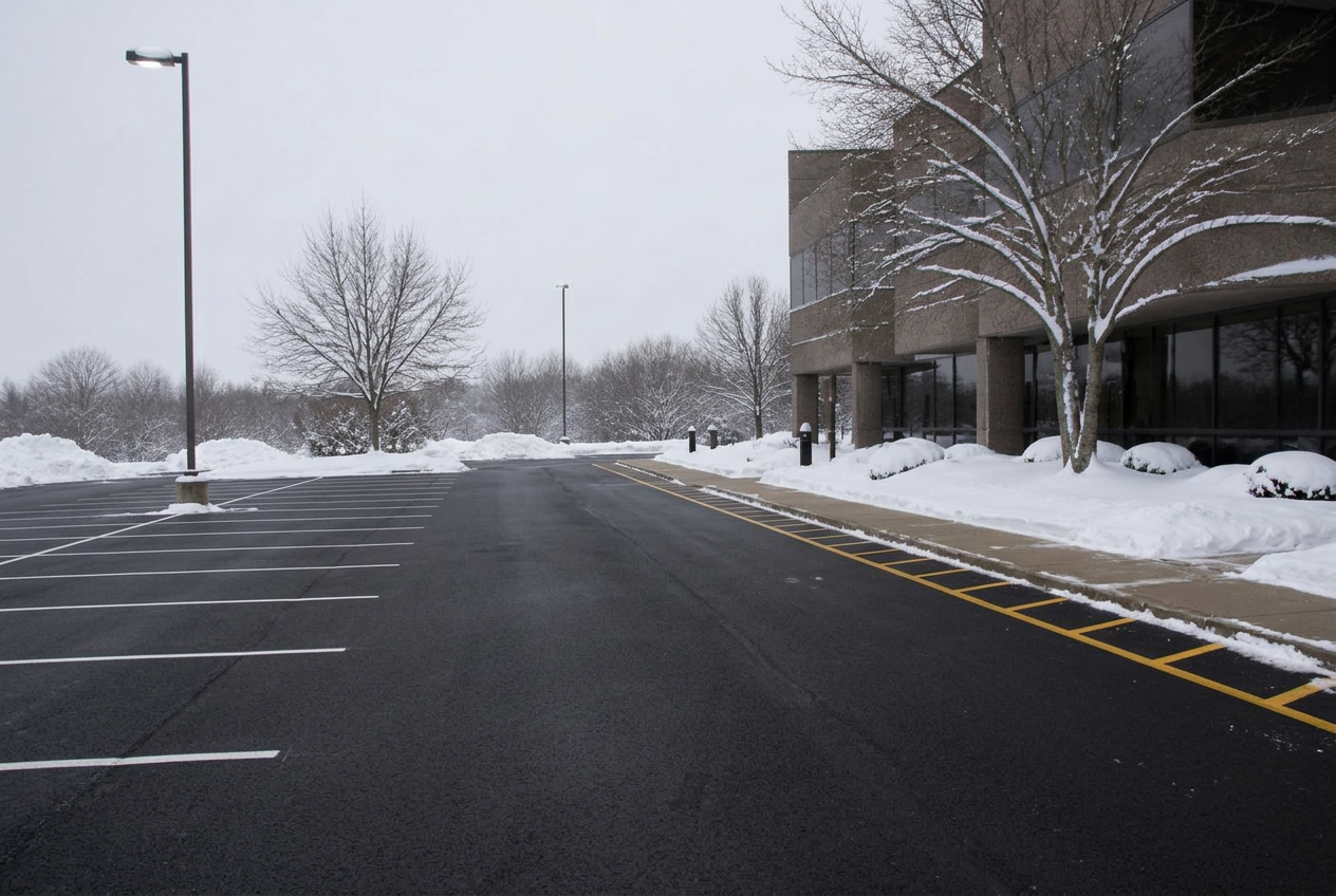 The same commercial parking lot plowed to bare pavement with cleared sidewalks after snow removal